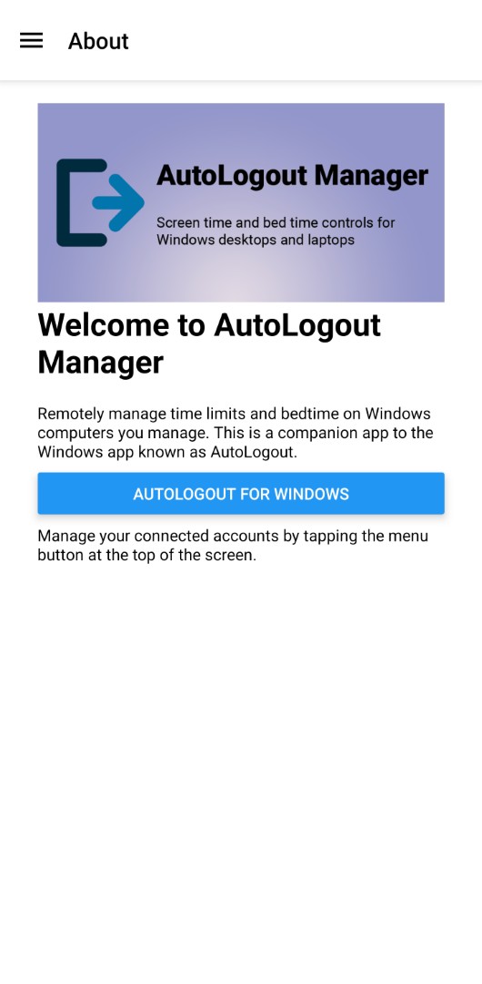 Screenshot of landing page of AutoLogout Manager app