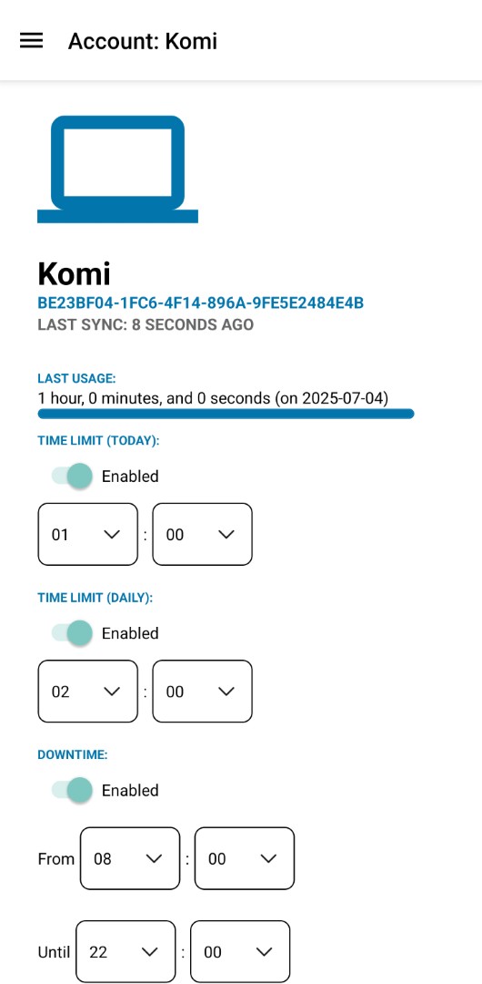 Screenshot of computer properties you can control within the app