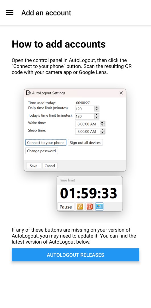 Screenshot of instructions on how to add computers to the app