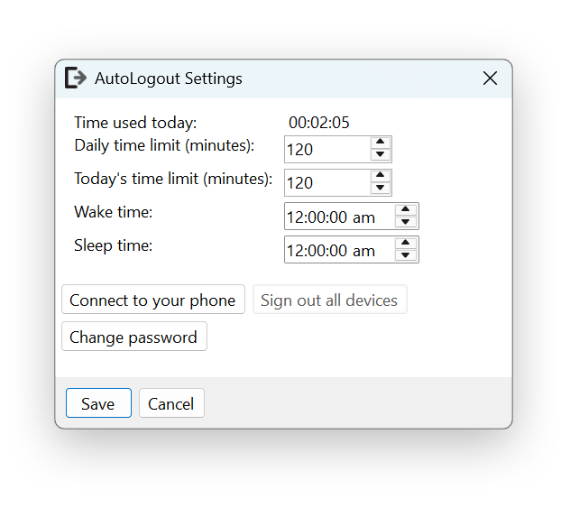Screenshot of AutoLogout settings, shows usage, time limits, downtime controls.