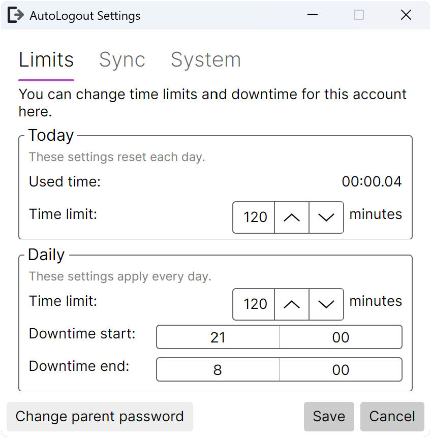 Screenshot of AutoLogout settings, shows usage, time limits, downtime controls.