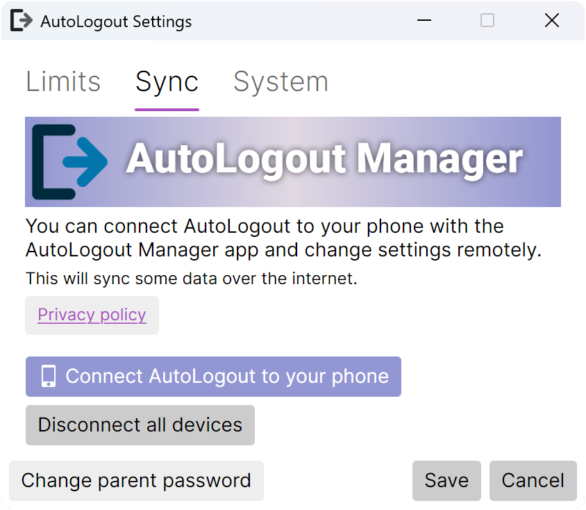 Screenshot of AutoLogout sync, shows options to connect AutoLogout to your phone.